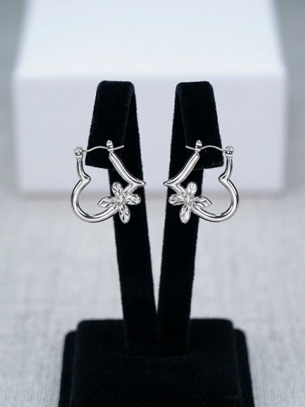 Floral Hoop Earrings - Silver Flower Accent
